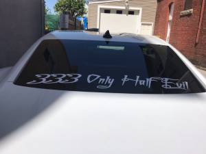 Because the car is a V6 and not a V8 he joke was its only half evil  2017 Chevy Camaro V6 Lettering from Christine L, MA