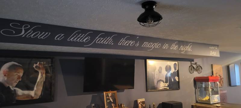 Drywall soffit above my basement bar Lettering from Jim  C, OH