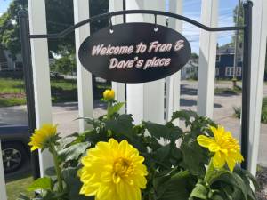 Welcome sign for plant hanger. Lettering from David H, MA