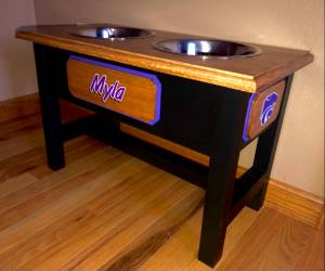 Custom made elevated dog bowls.  Lettering from Michael B, IL