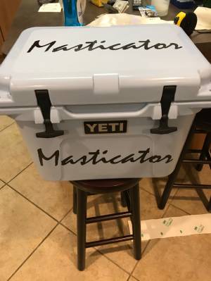 The name of my Boat is Masticator. Used it on the boat Yeti and the back window on my Raptor. Lettering from ernie s, FL